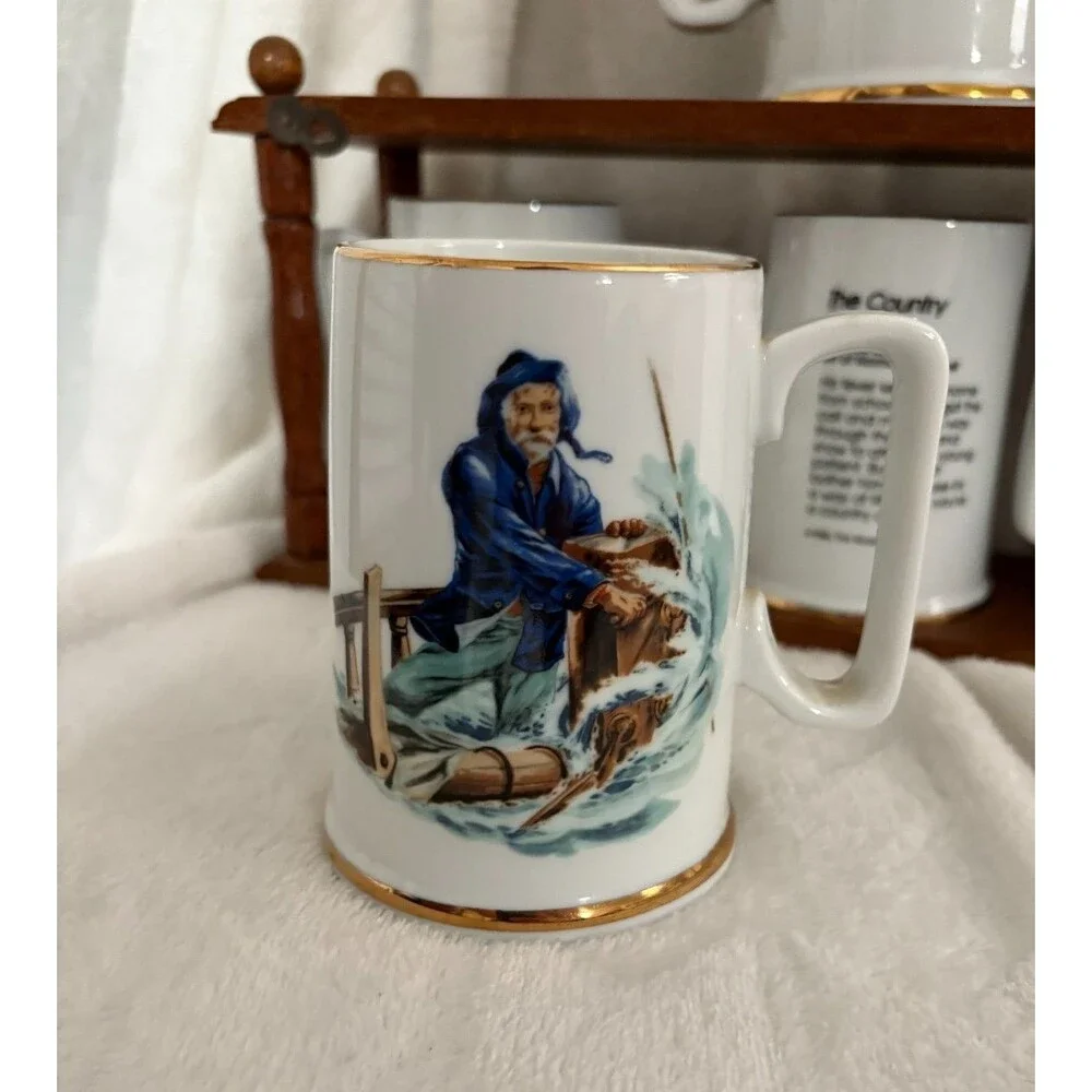Vintage Norman Rockwell 1985-86 Mugs & Wooden Holder